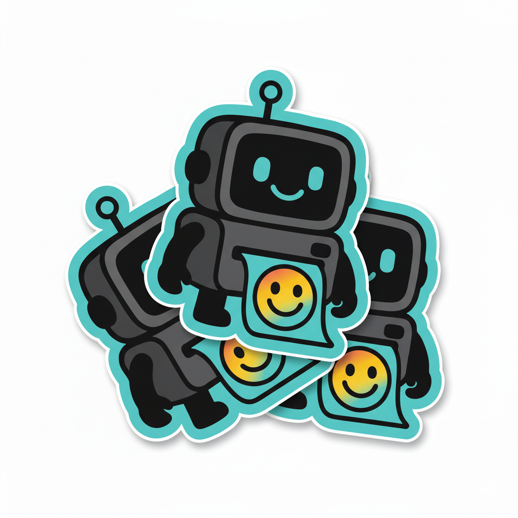 Three die cut DPI robot mascot stickers with custom shape and bold colors