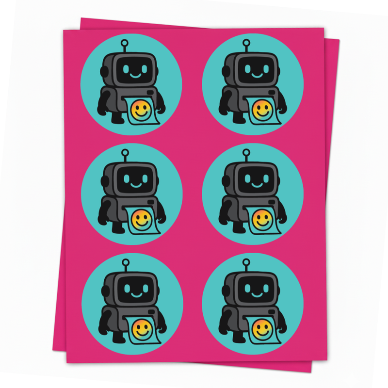 Circle label sheet with DPI print robot mascot designs