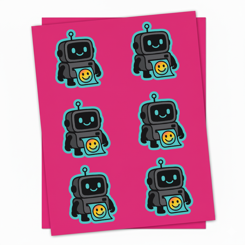 Contour-cut label sheet featuring the DPI print robot mascot