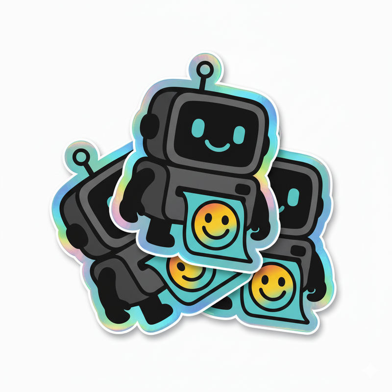 Three holographic DPI robot mascot stickers with rainbow shine