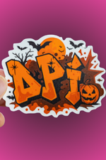 Holographic embossed die cut sticker of DPI letters in Halloween theme with bold colors