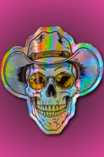Vertical holographic die cut sticker of skeleton cowboy with metallic shine