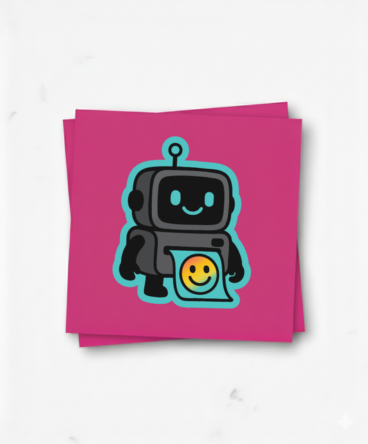 Stack of kiss cut stickers featuring the DPI printer robot mascot