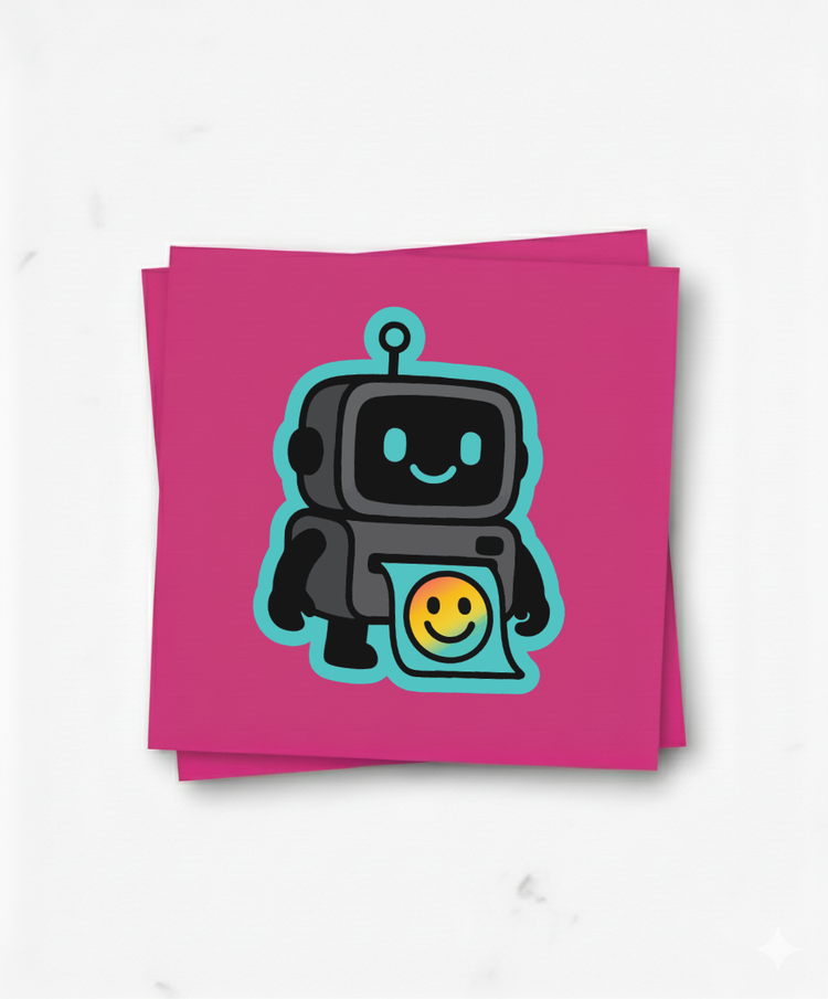 Stack of kiss cut stickers featuring the DPI printer robot mascot